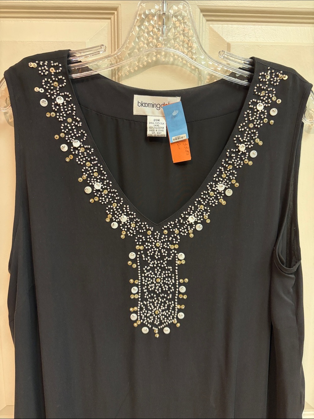 Bloomingdale's Silk Maxi Dress with White & Pearlized Bead V-Neck Trim - Picture 3 of 5